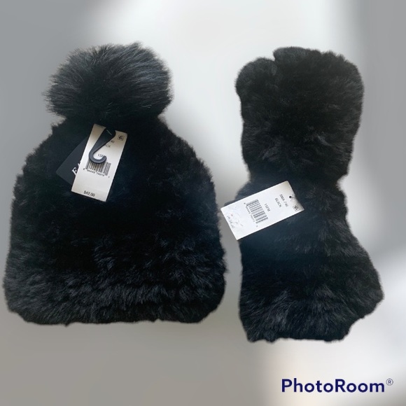 Steve Madden Faux Fur Pom Pom Beanie & Fingerless Gloves Mittens MSRP: $82 - Picture 2 of 7